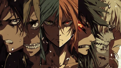 Intense split portrait of six fierce anime warriors.
