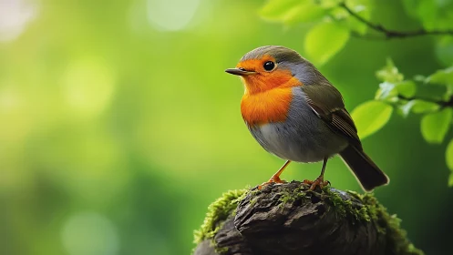 European robin perched on mossy branch, vibrant nature photography.