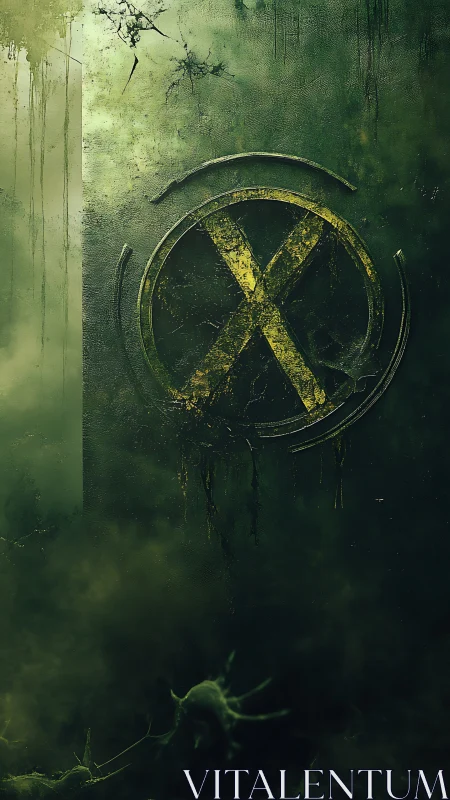 Weathered green X emblem on dark industrial wall.