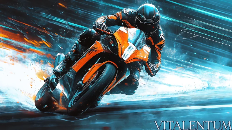 Neon-lit superbike racer leans into a turn in blazing motion