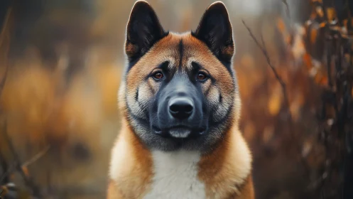 Dog faces camera outdoors in shallow depth of field portrait