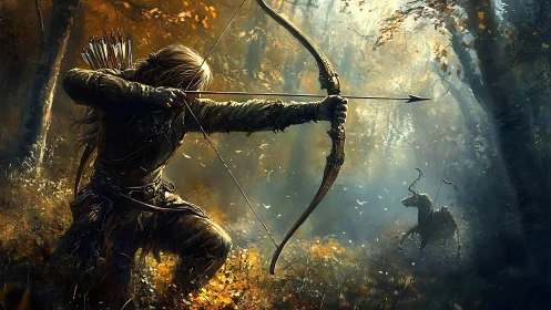 Forest archer drawing bow toward stag in golden light.