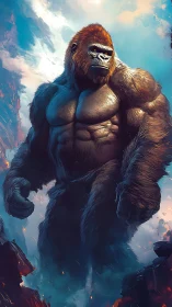 Sky-scorched titan gorilla strides through stormy cliffs.