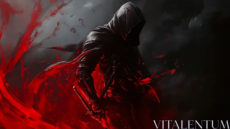 Hooded rogue in crimson energy surge, high-contrast digital art