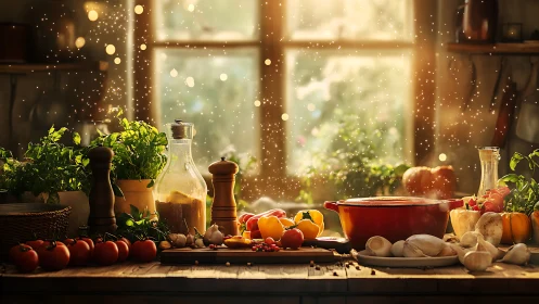 Rustic kitchen still life with herbs, tomatoes, steam and bokeh glow.