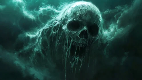 Translucent skull-shaped cloud mass in dark teal mist.