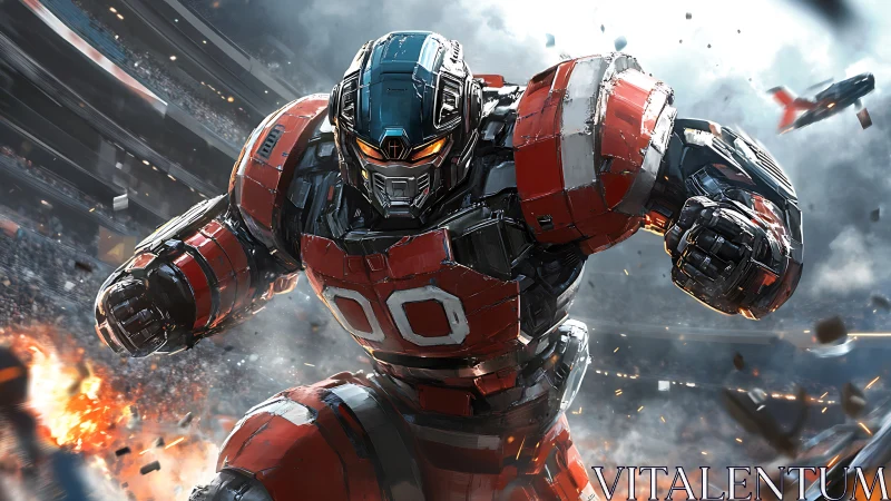 Stadium titan robot charges through sparks and roaring crowds.