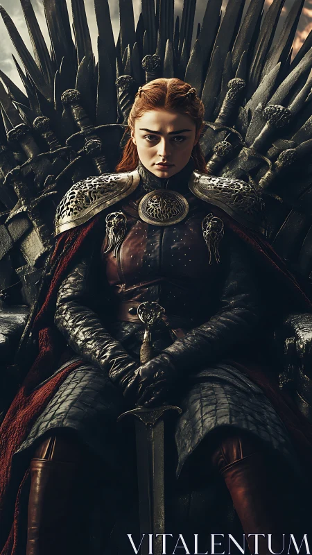 Armored warrior queen seated on barbed iron throne in chiaroscuro