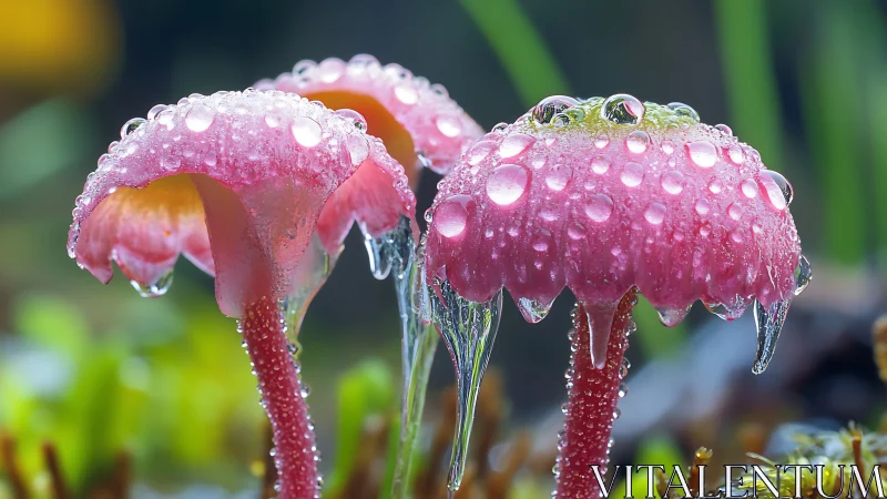 Pink mushrooms under morning dew in extreme macro focus
