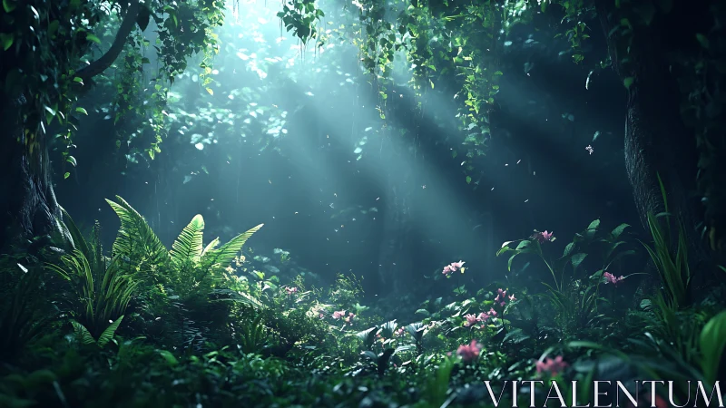 Lush Forest Glade with Magical Light Rays and Blooming Flowers