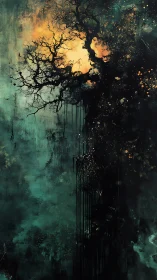 Gnarled tree silhouette emerges from luminous abstract haze