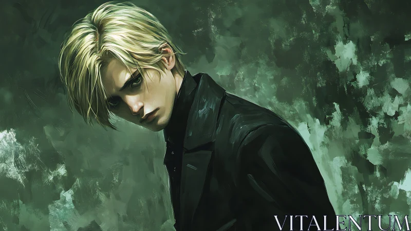 Moody digital portrait of blond youth in dark tailored coat