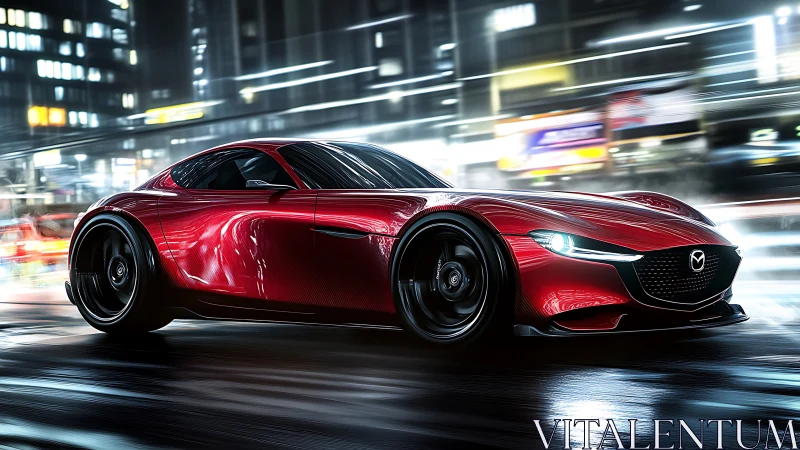 Red performance coupe racing through neon city streets at night.