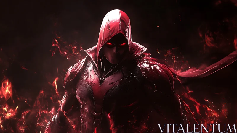 Crimson hooded cyber-assassin amid volumetric flame field.
