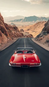 Red classic convertible cruises through wide desert canyon.