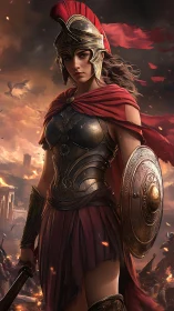 Armored hoplite heroine amid conflagrated classical battlefield.