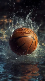 Basketball impact shattering calm water surface at dusk.