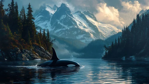 Solitary orca surfaces in calm fjord beneath alpine peaks