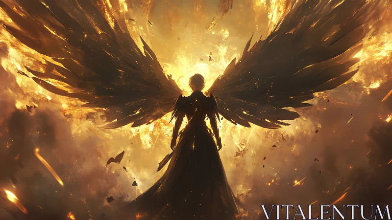 Celestial dark angel rises within blazing golden inferno.