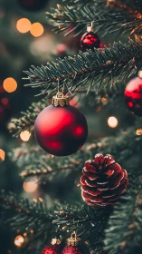 Red matte bauble and frosted pinecone on lit Christmas spruce