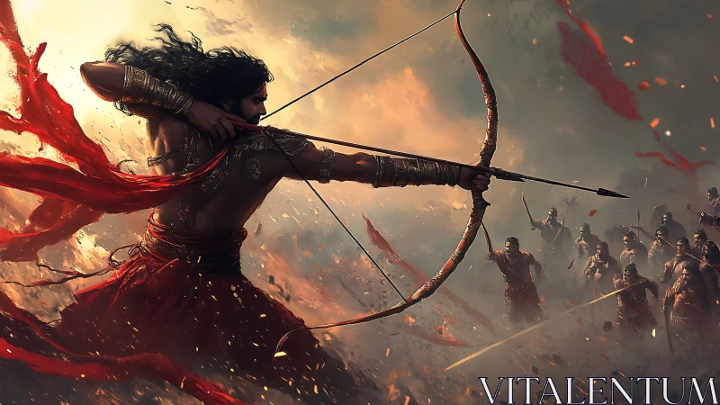 Heroic archer stands firm against a storm of warriors.