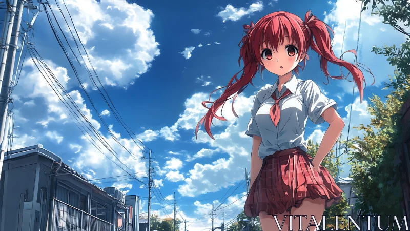 Red-haired schoolgirl pauses under a vivid summer sky