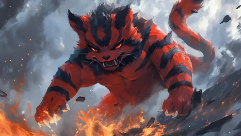 Fiery red tiger beast lunging through smoke and erupting flames