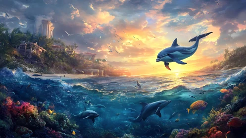 Dolphins glide through sunset surf over radiant coral reef.