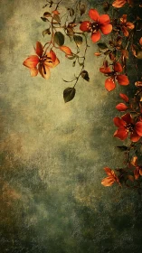 Diagonal red floral vine contrasts textured green patina ground