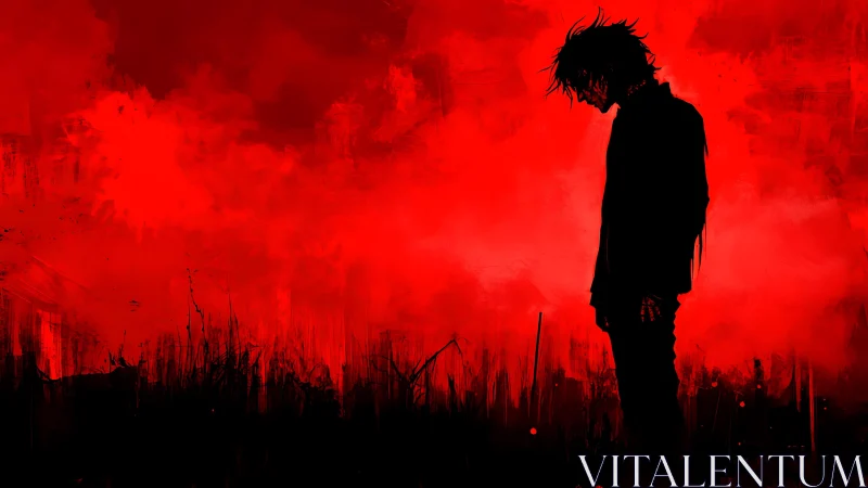 Silhouette of a fallen dreamer in a storm of crimson dusk.