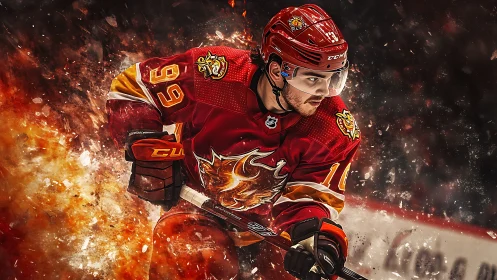 Blazing ice hockey charge wrapped in sparks and motion.