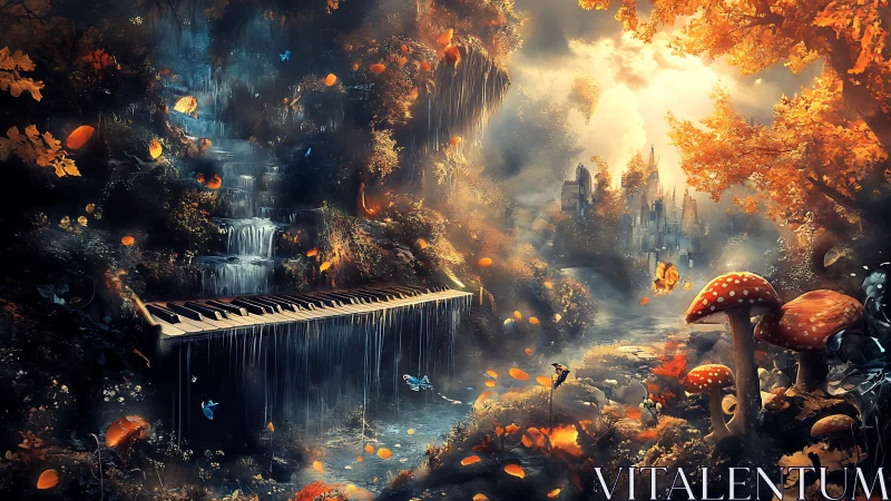 Waterfall piano conducts autumn light in a mythic forest