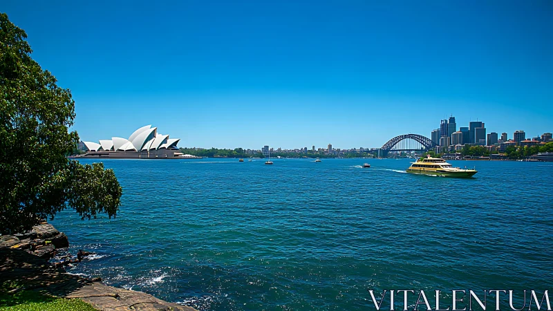Sydney Opera House with Harbour Bridge and Ferry, Midday Clear Sky.