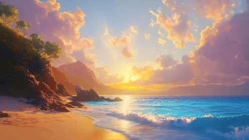 Sunlit waves whisper softly beneath cotton candy clouds