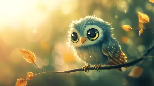 Cute cartoon owl with big eyes on a branch in dreamy sunlight.