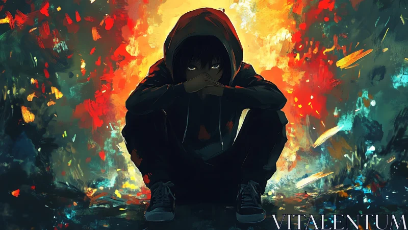 Hooded youth crouches in a storm of blazing urban color
