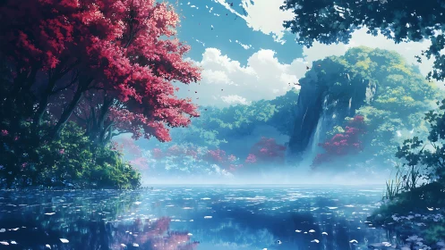 Gentle forest lake welcomes calm skies and soft waterfalls