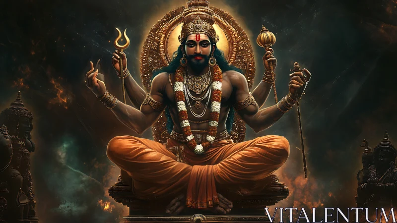 Highly detailed multi-armed deity portrait with volumetric lighting