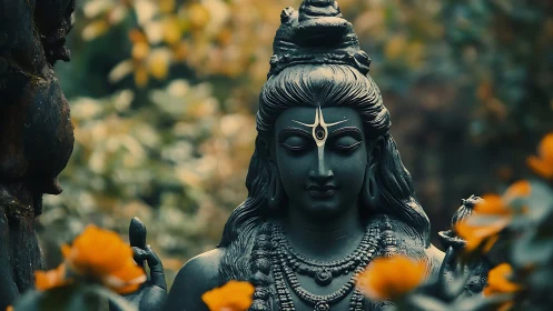 Serene stone deity amid blurred garden bokeh and blooms.