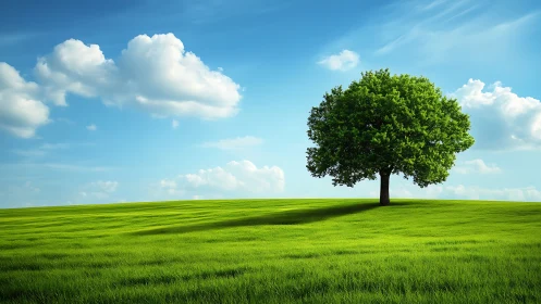 Lone tree on green meadow under blue sky, realistic landscape art.