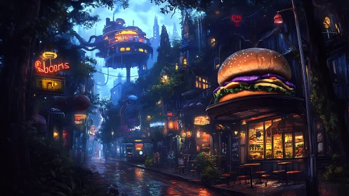 Midnight burger boulevard in a neon-soaked future city.