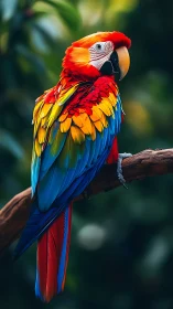 Scarlet macaw portrait on branch with vibrant plumage detail
