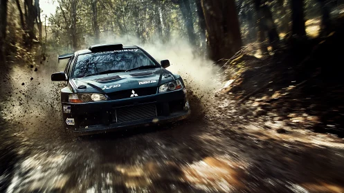 Rally car powers through forest dirt with explosive speed.