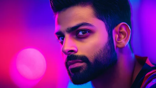 Neon-lit portrait of a thoughtful man in rich colors.