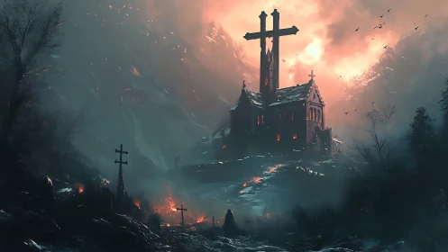 Gothic hilltop church under burning sky with towering crosses