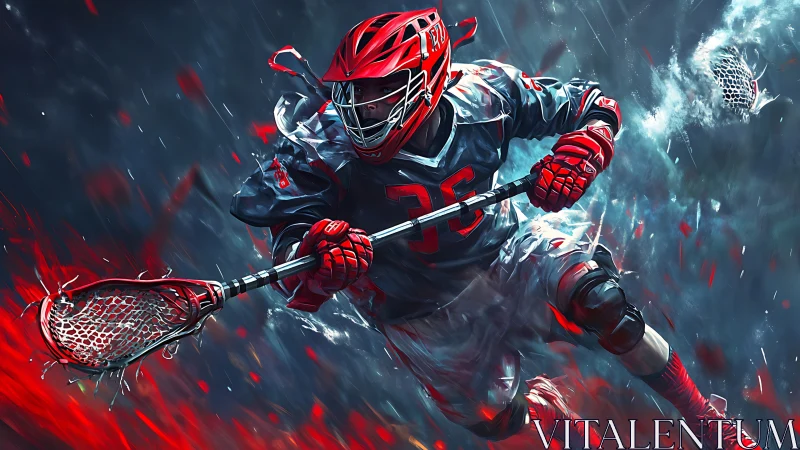 Lacrosse warrior storms field in high-speed red blaze.