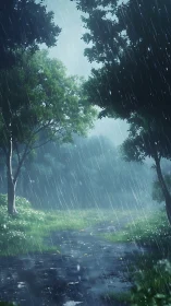 Forest stream under rainfall with trees and overcast sky.