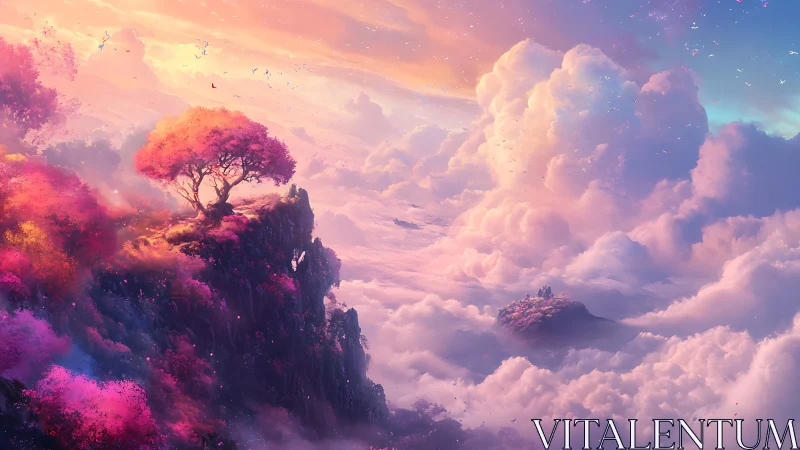 Luminous cliffside tree above pastel fantasy cloudscape.