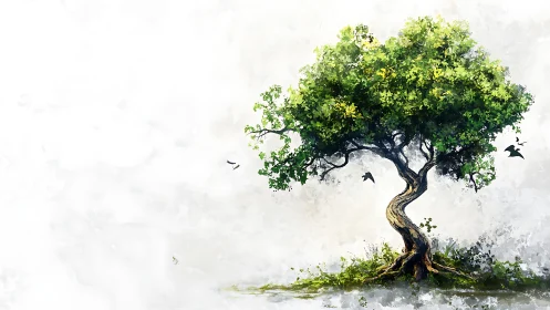 Vibrant Watercolor Tree with Twisted Trunk and Flying Birds.