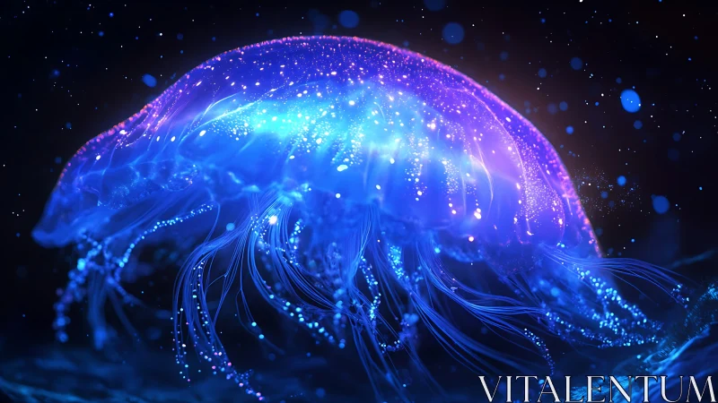 Glowing jellyfish drifts in a dreamy neon underwater night.